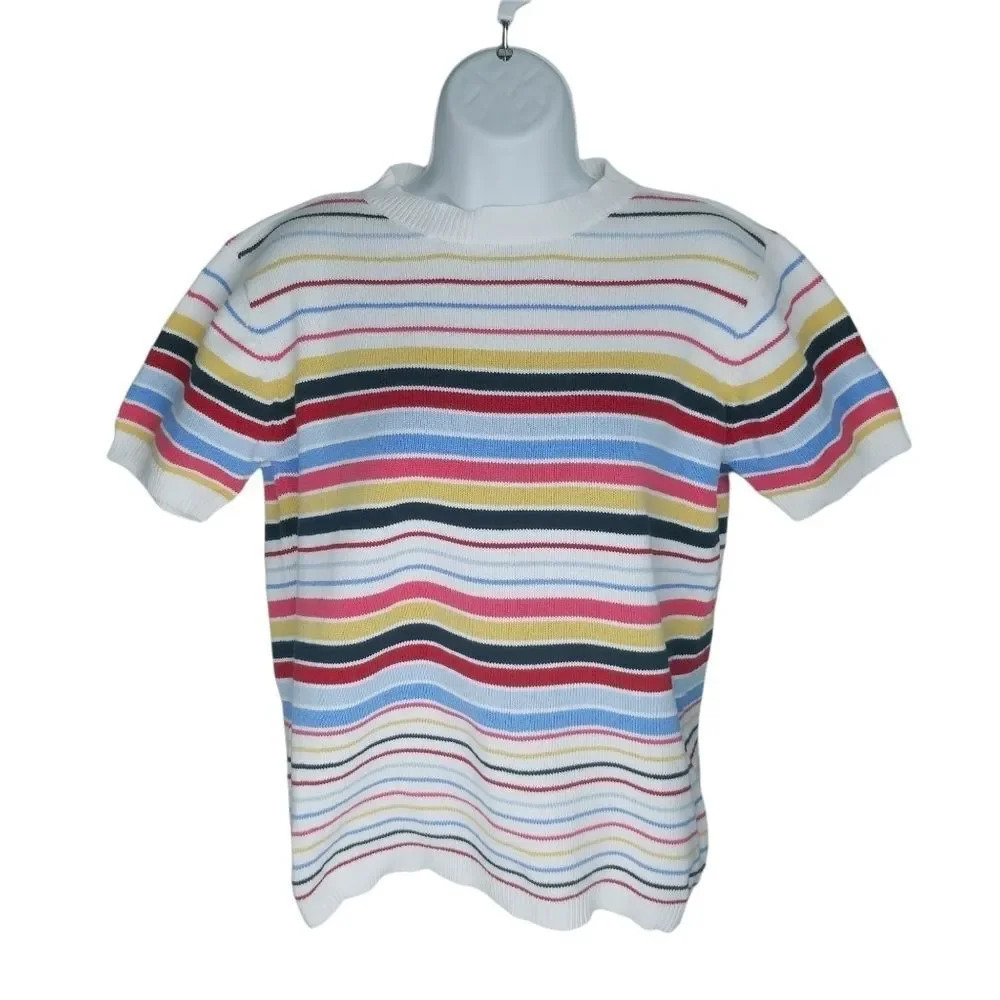 Striped Knit Top, Short  Sleeves, Colorful, L